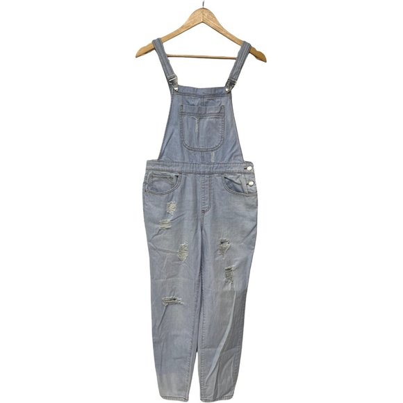 Forever 21 Junior Girl's Light Wash Ripped Leg Overalls Size 27 - Picture 1 of 12